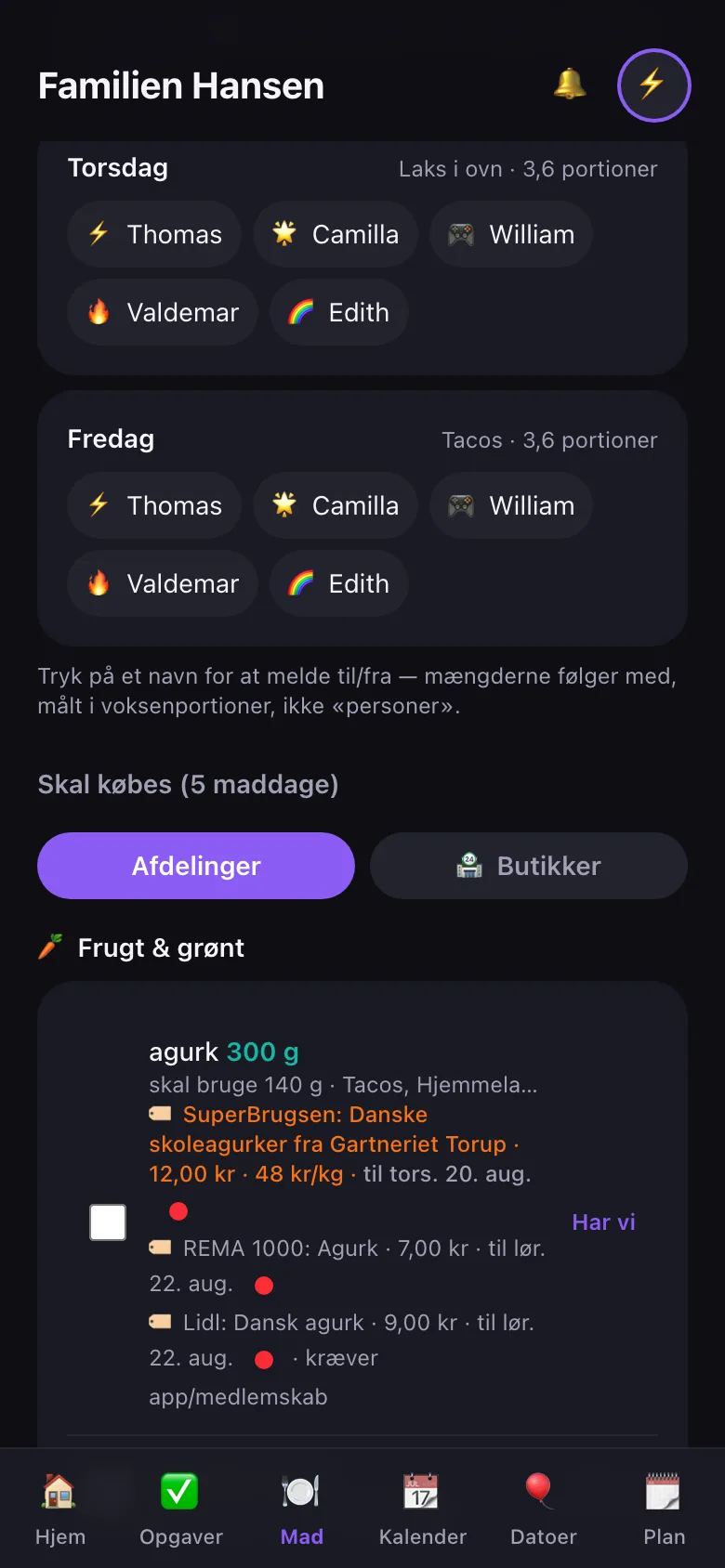 Indkøbslisten med tilbudsmærker fra tre kæder på samme vare
