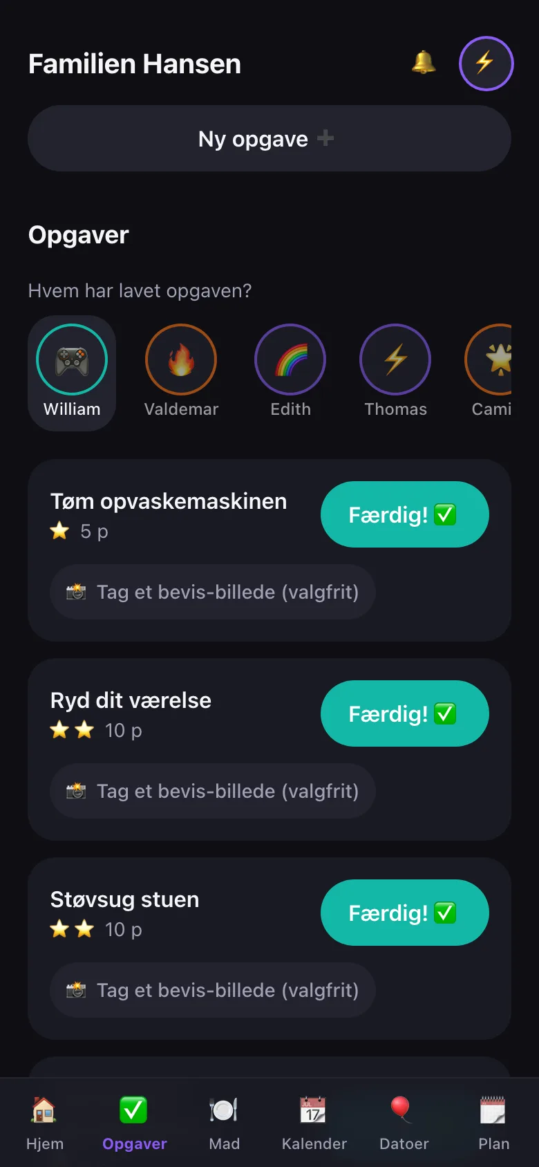 Opgavelisten hvor børnene melder færdig